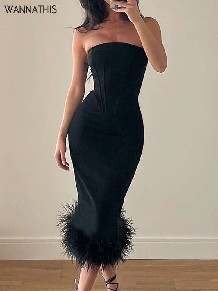 

WannaThis Furry Black Tube Midi Dress Corsets Sleeveless Chic Woman Evening Elegant Party Clubwear Sexy Summer Fashion Clothing