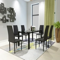 [Flash Sale]7&5 Piece Dining Table Set 1 Glass Dining Table + 6 Or 4 PU Chairs Black Kitchen Breakfast Furniture[US-W]