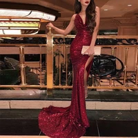 sexy burgundy sequin evening dresses v neck pleats side slit mermaid floor length backless long formal prom party gowns