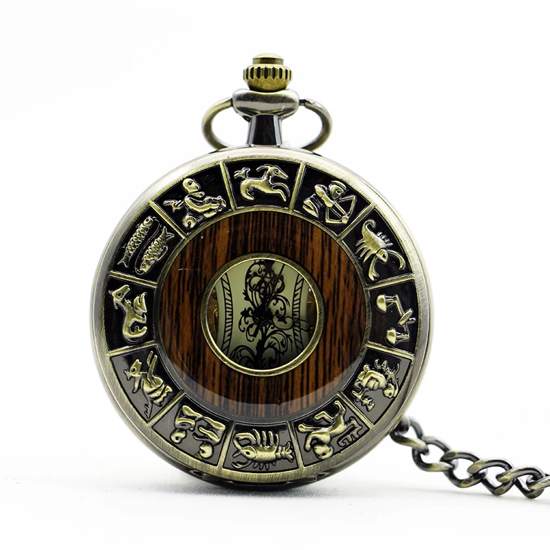 

Personality Creative Wood Mechanical Pocket Watch For Men Luxury Vintage Roma Amber Dial Pendant Watch Chain Gift reloj hombre