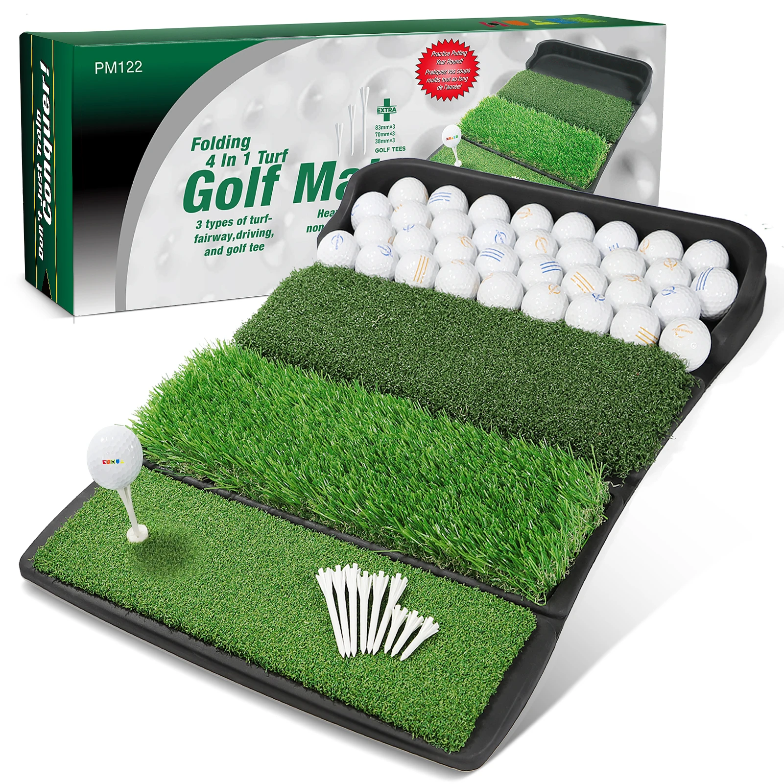 Golf Mat Hitting Mat with Ball Tray Design Collapsible 4-in-1 Hitting Mat Portable Golf Practice Hitting Mat