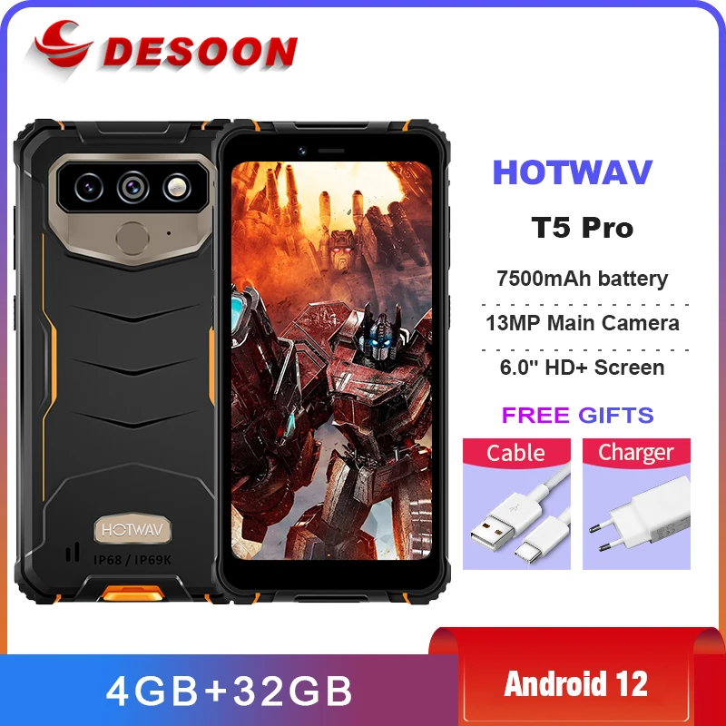 Hotwav T5 Pro 4G Rugged Smartphone Android 12 MTK6761 6.0 Inch Screen 4GB 32GB Mobile Phone 7500mAh 13MP Main Camera Cellphone