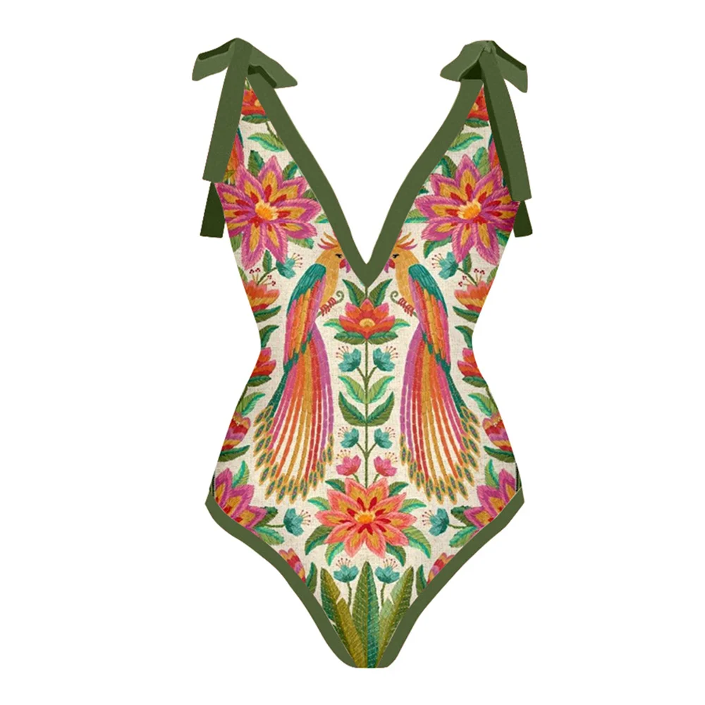 Vintage V-Neck Animal Print One-Piece Swimsuit Female Retro Holiday Beach Dress Designer Bathing Suit Summer Surf Wear