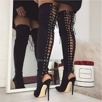 sexy lace up thigh high boots heels pointed toe woman high heel over the knee boots black slingback european style women shoes