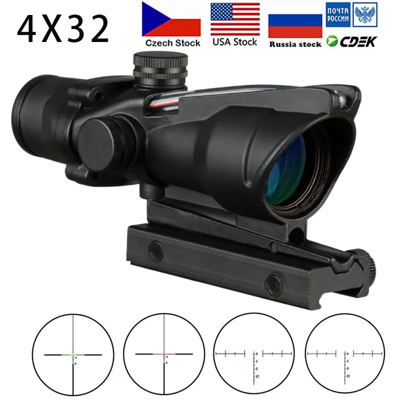 4X32 Hunting Riflescope Real Fiber Optics Grenn Red Dot Illuminated Etched Reticle Tactical Optical Sight