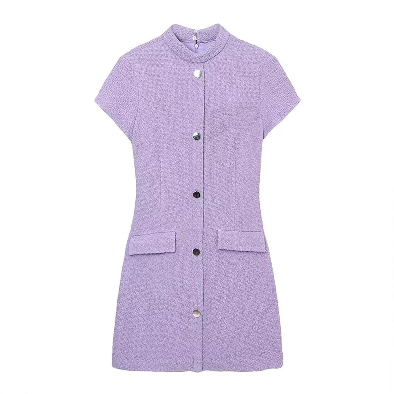

ZATRHMBM Women 2022 New Fashion Texture Purple Mini Dress Vintage O-Neck Short Sleeve Elegant Female Dresses Vestidos Mujer