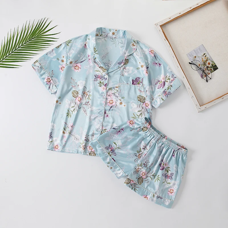 New Mom And Kids Short Pajamas Pijamas Floral Pajamas Set Plus Size Pajamas For Women Chinese Satin Silk Pajamas With Shorts