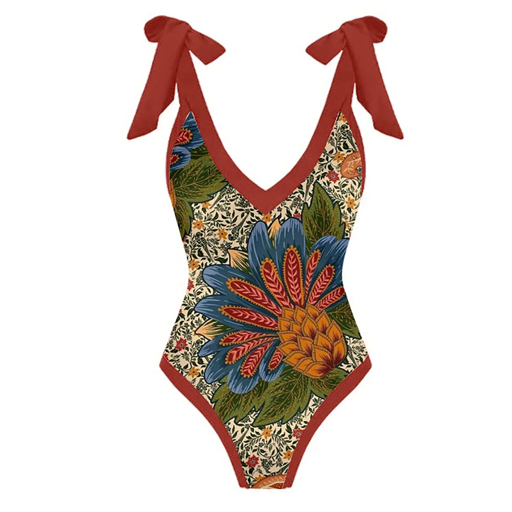 Printed Lace Up Chic One Piece Swimwear High Waist Backless Swimsuit Women Color Elegant Beachwear Push Up Luxury Cover Up