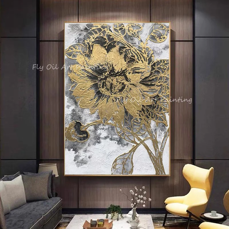 

Абстрактная 100% ручная роспись Золотая фольга цветок Роскошная картина серый холст картина маслом холст для украшения дома подарок