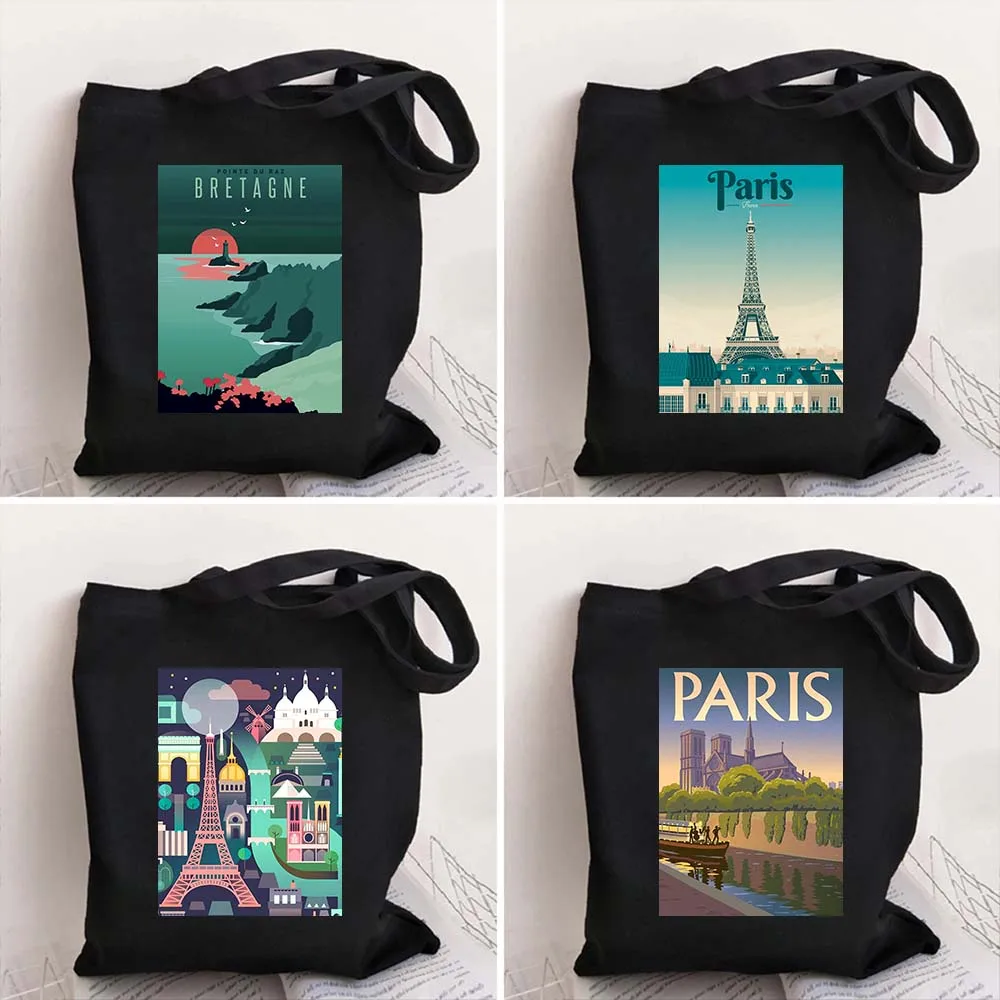 

Travel City Cotton Tote Bag for Women Paris Eiffel Tower Bretange Beaches Large Shoulder Reusable Shoppers Shopping Handbags