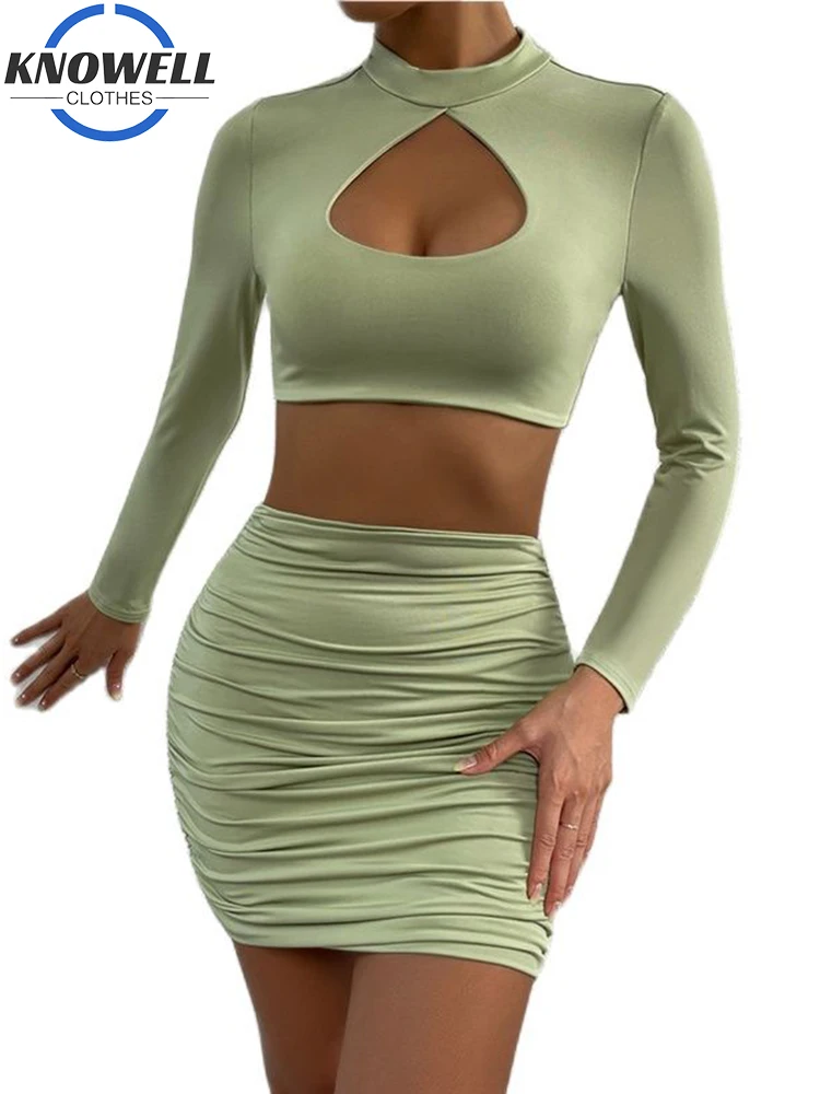 

Knowell Long Sleeve Two Piece Sets Womens Outifits Cut Out Sexy Tshirts And Skirts Pleated Bodycon Y2K Tracksuits Autumn Winter