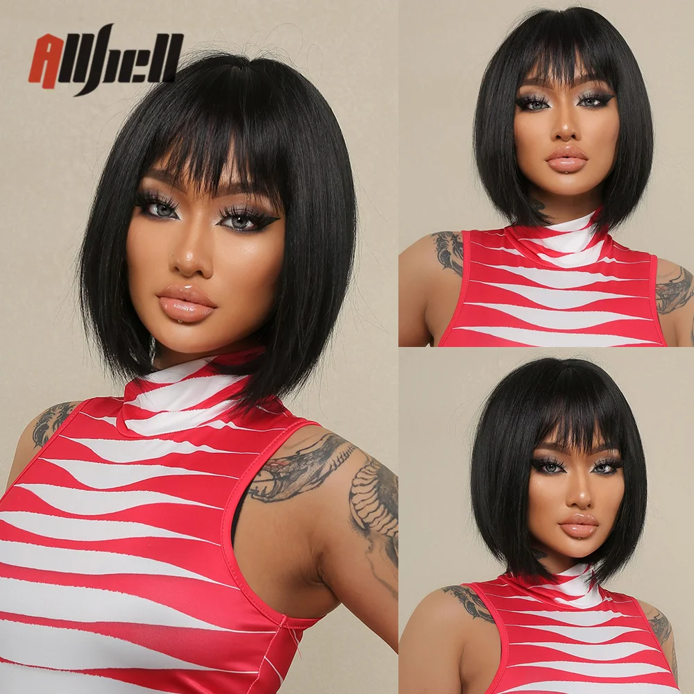 

Synthetic Natural Black Bob Wig for Black Women Short Straight Cosplay Wigs with Bangs Heat Resistant Fibre Fake Hair Daily Wig