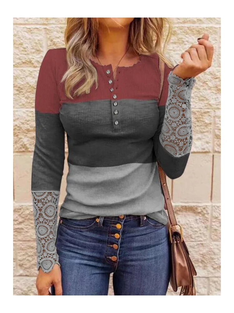 

Long Sleeve Tee Tunic Tops for Women Sexy Lace Hollow Out V Neck T-Shirt Casual Color Block Button Down Henley Shirt Vintage y2k