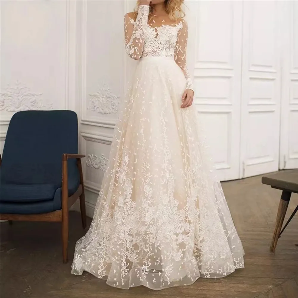 

Scoop Lace Long Sleeves Champagne Wedding Dress Open Back Tulle Applique Fashion Bridal Dress vestidos noiva