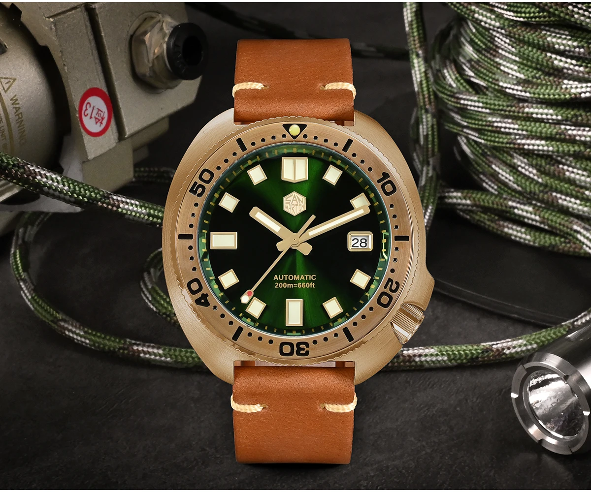 

San Martin 44mm Abalone V4 Turtle Solid Bronze Vintage Diver Men Mechanical Watch 20 Bar Luminous Leather Strap Relojes