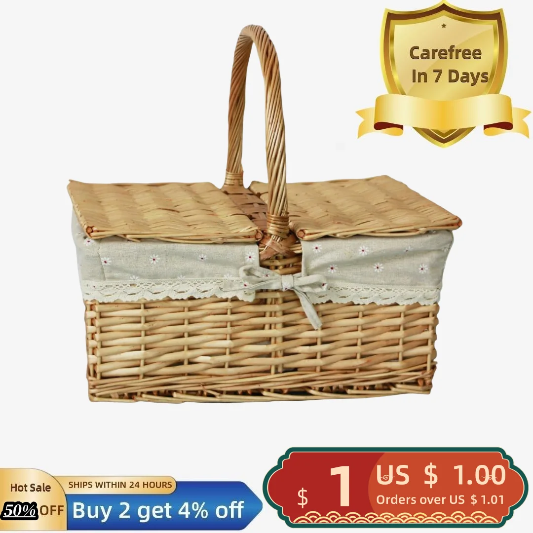 

Lace Decor Large Capacity Wicker Woven Basket Fruit Egg Food Basket with Handle Lid Camping Accessories