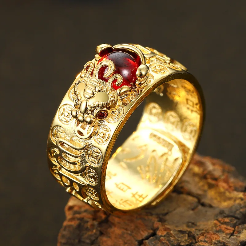 

Domineering China Feng Shui Brass Pixiu Ring 2022 Amulet Wealth Good Luck Jewelry Inlaid Red Beads Copper Coin Adjustable Ring