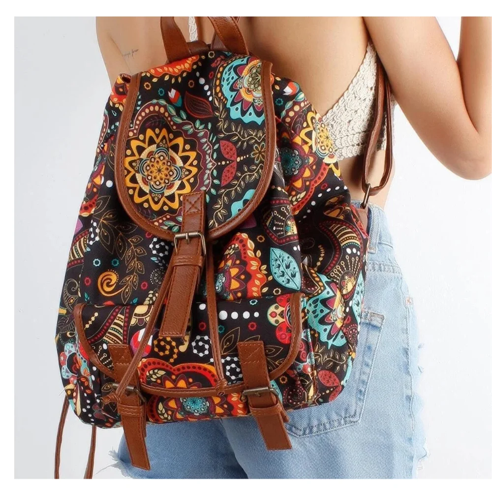 Black Over Very Colorful Mandala Pattern Single Clasps Fabric Women 'S Backpack
