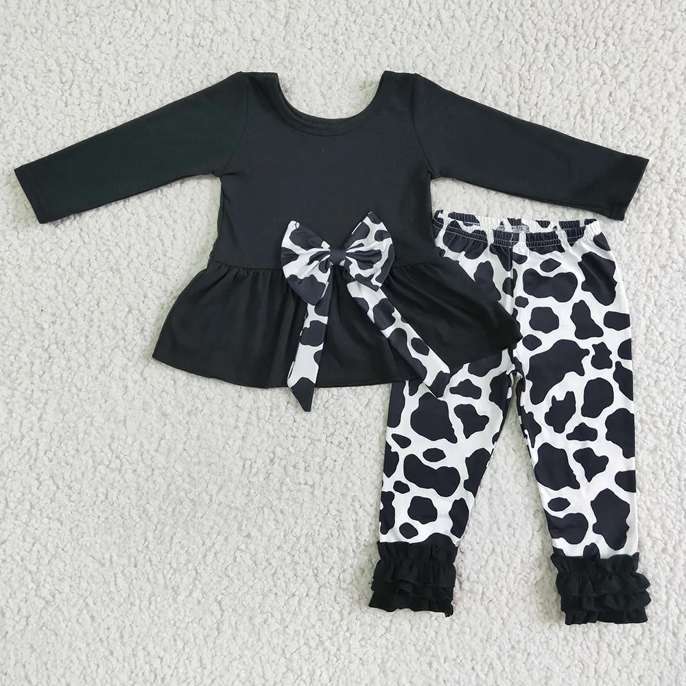 

RTS Kids Boutique Outfits Fall Black Cotton Tunic Top Icing Ruffle Legging Baby Girls Children Wear Bow Western Clothing Sets