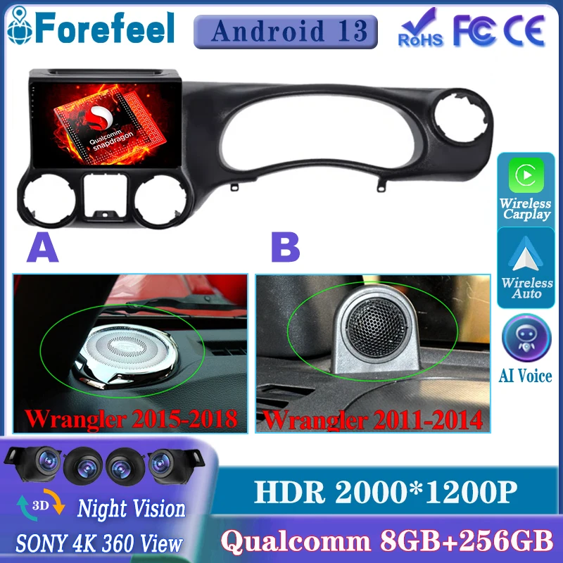 

Qualcomm Android13 For Jeep Wrangler 3 JK 2011 - 2018 LHD/RHD Bluetooth Multimedia Video Player Navigation GPS 360 Camera QLED