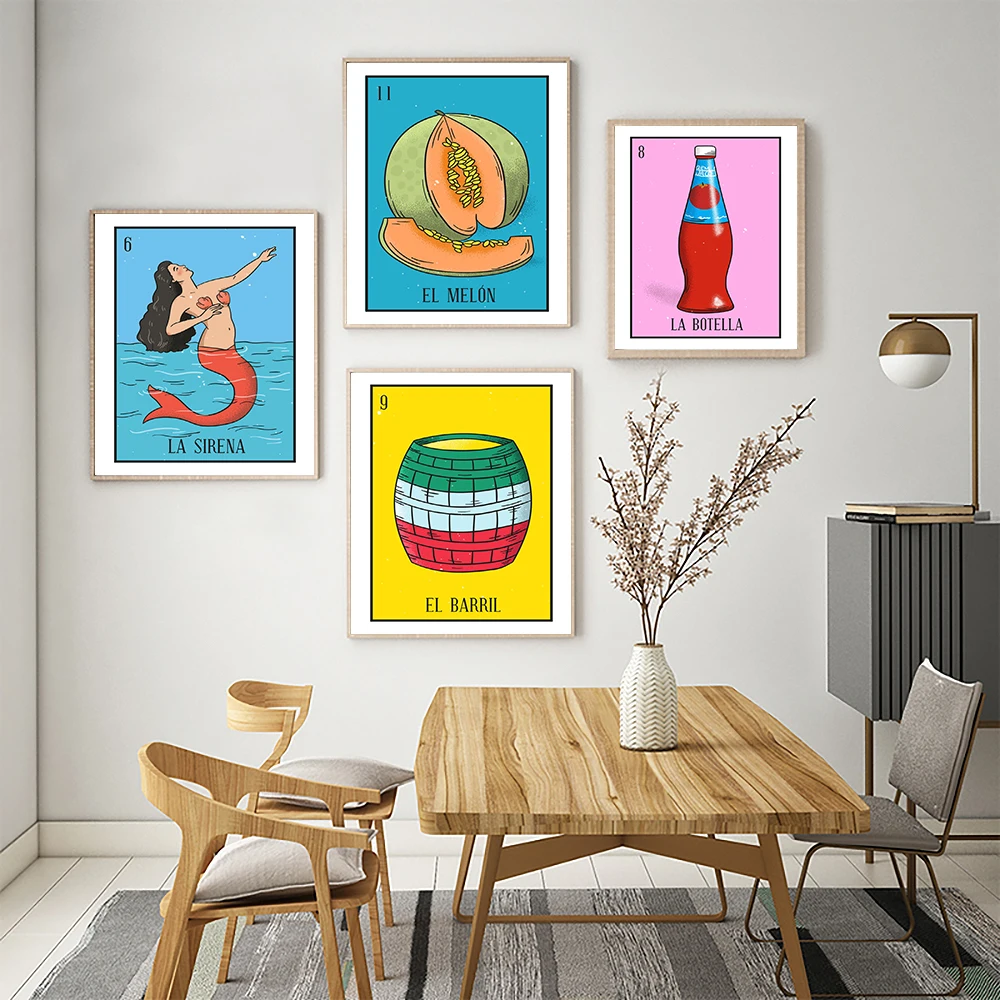 Abstract Mexico Illustration Canvas Painting Poster Cartoon Mermaid Home Wall Art Living Kid Room Decor Ladder Lady Cock Picture