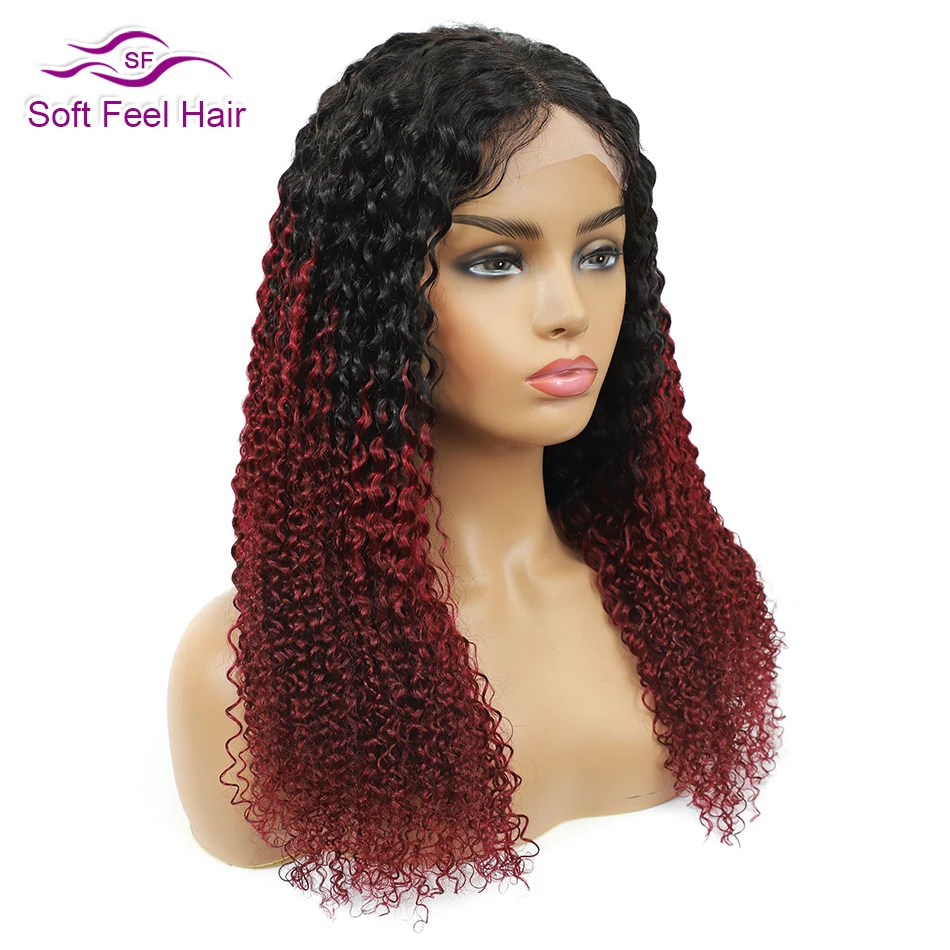 

4x4 Kinky Curly Lace Closure Wigs HD Transparent Brazilian Human Hair Wig Pre Pluck Baby Hair Burgundy Color Remy Hair for Women