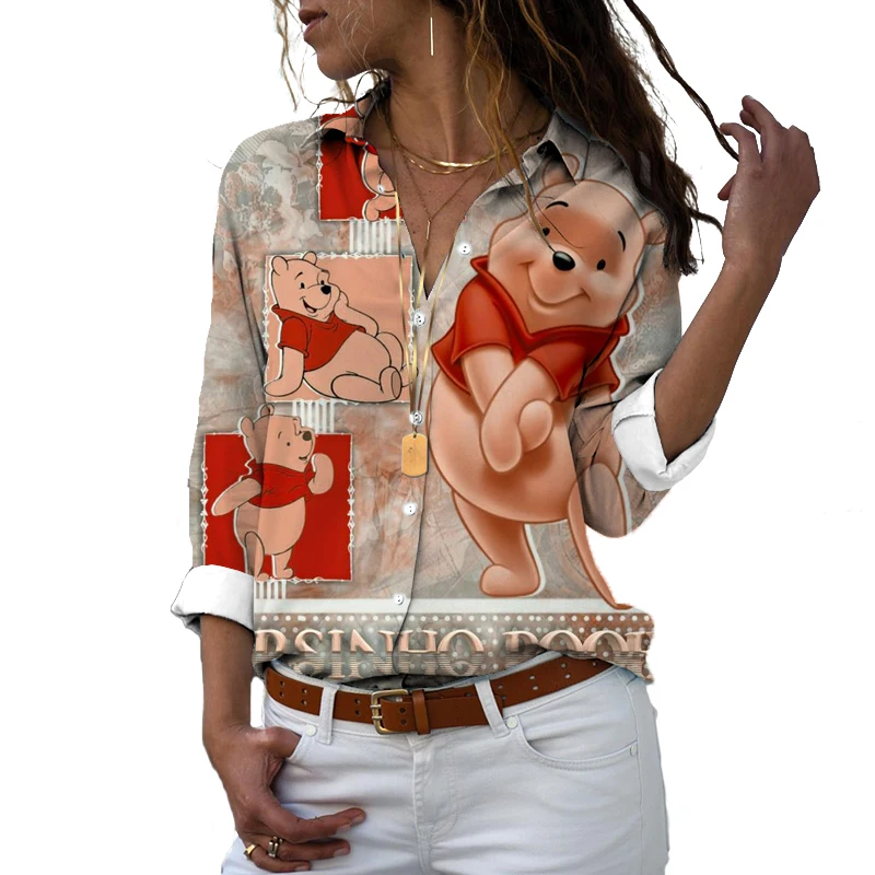 

Loose Shirts New Ladies Long Sleeve Shirts Disney Winnie the Pooh Pattern Shirts Cartoon Long Sleeve Tops Casual Street Shirts