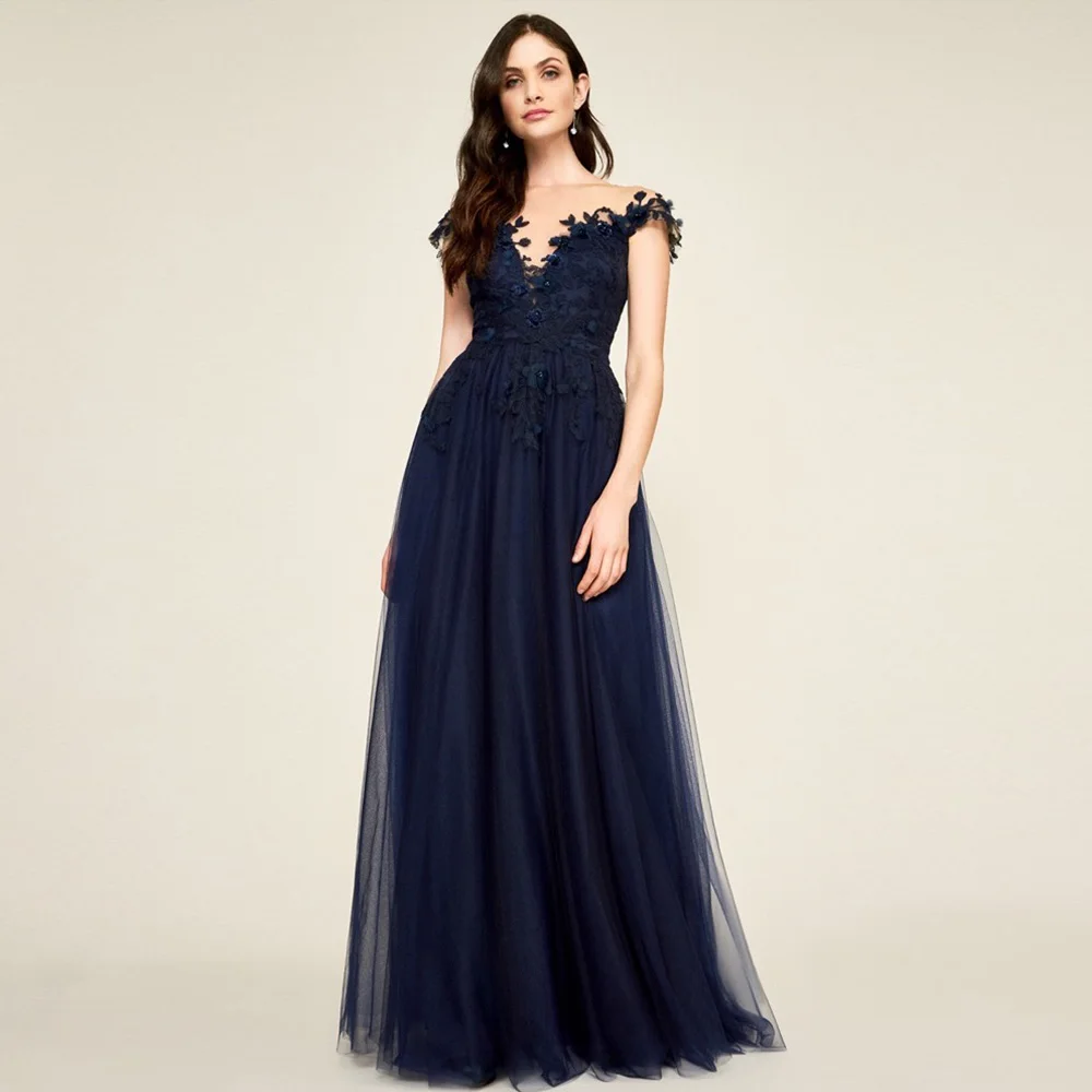 

Elegant Dark Blue Mother of the Bride Dresses V Neck Off the Shoulder Wedding Party Dress Appliques Floor Length فساتين السهرة