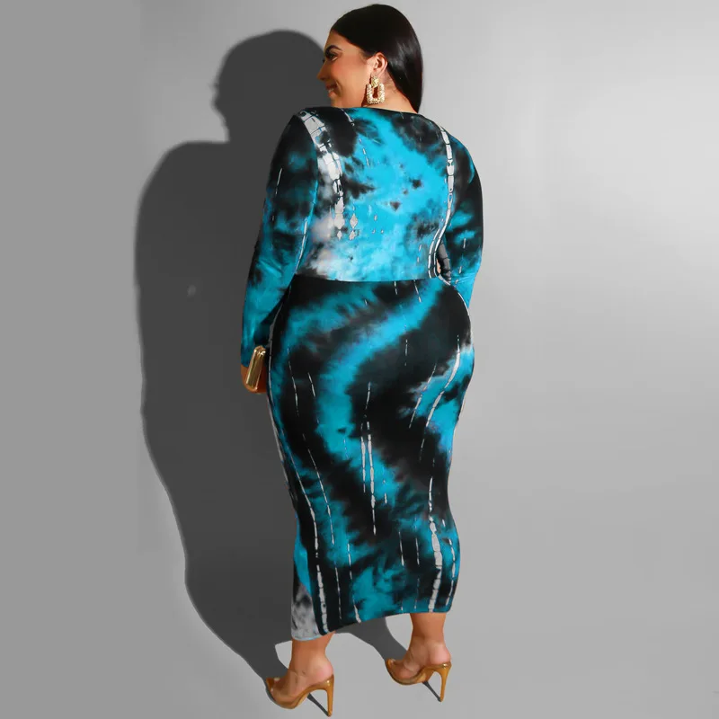 Midi Dress Plus Size 5XL Tie Dye Printed V Neck Tight Sexy Long Sleeve Calf Length High Waist Elegant Party Comfortable Fashion