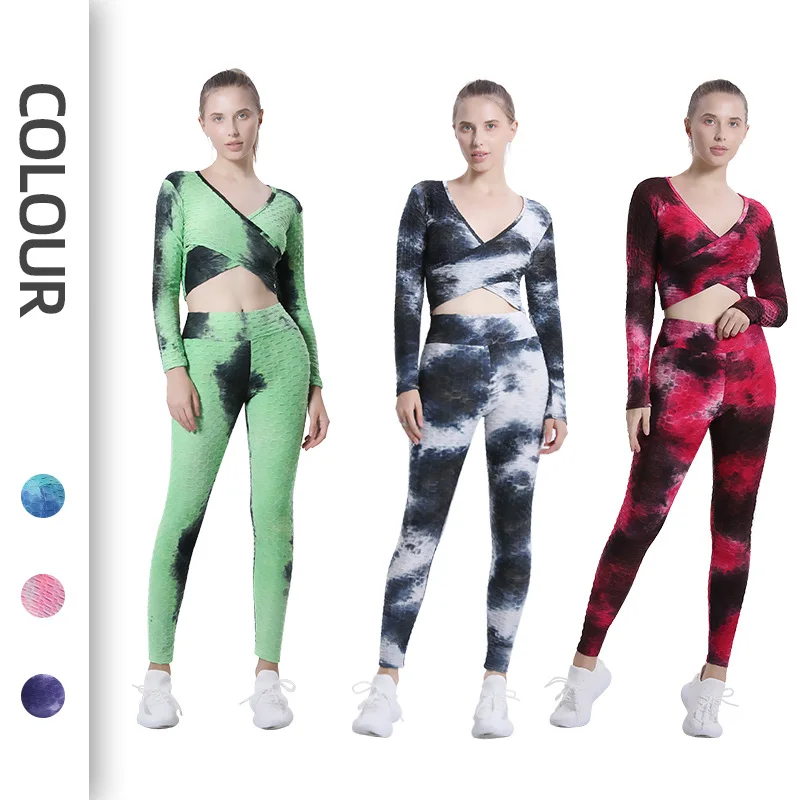 

Custom Yoga Set Cross Long Sleeve Top Tie Dye Yoga Pants Womens Jacquard Fitness Hip Lift Sports Suits