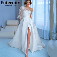 unique one shoulder lace appliques puff sleeves wedding dress a line backless bridal gown high split 2022 vestido de noiva