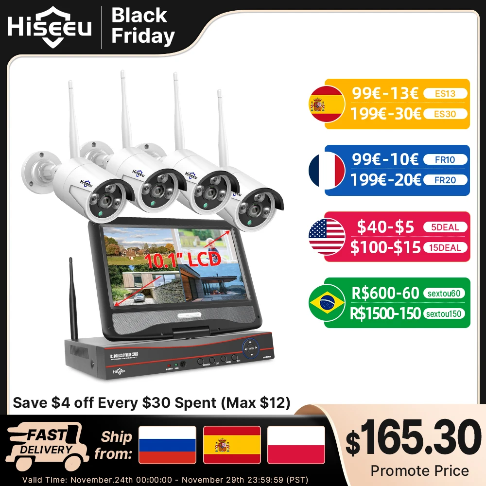 Hiseeu 8CH 3MP 1536P Wireless Security Cameras Kit Outdoor Waterproof 1080P 2MP IP Camera CCTV System Set with 10.1