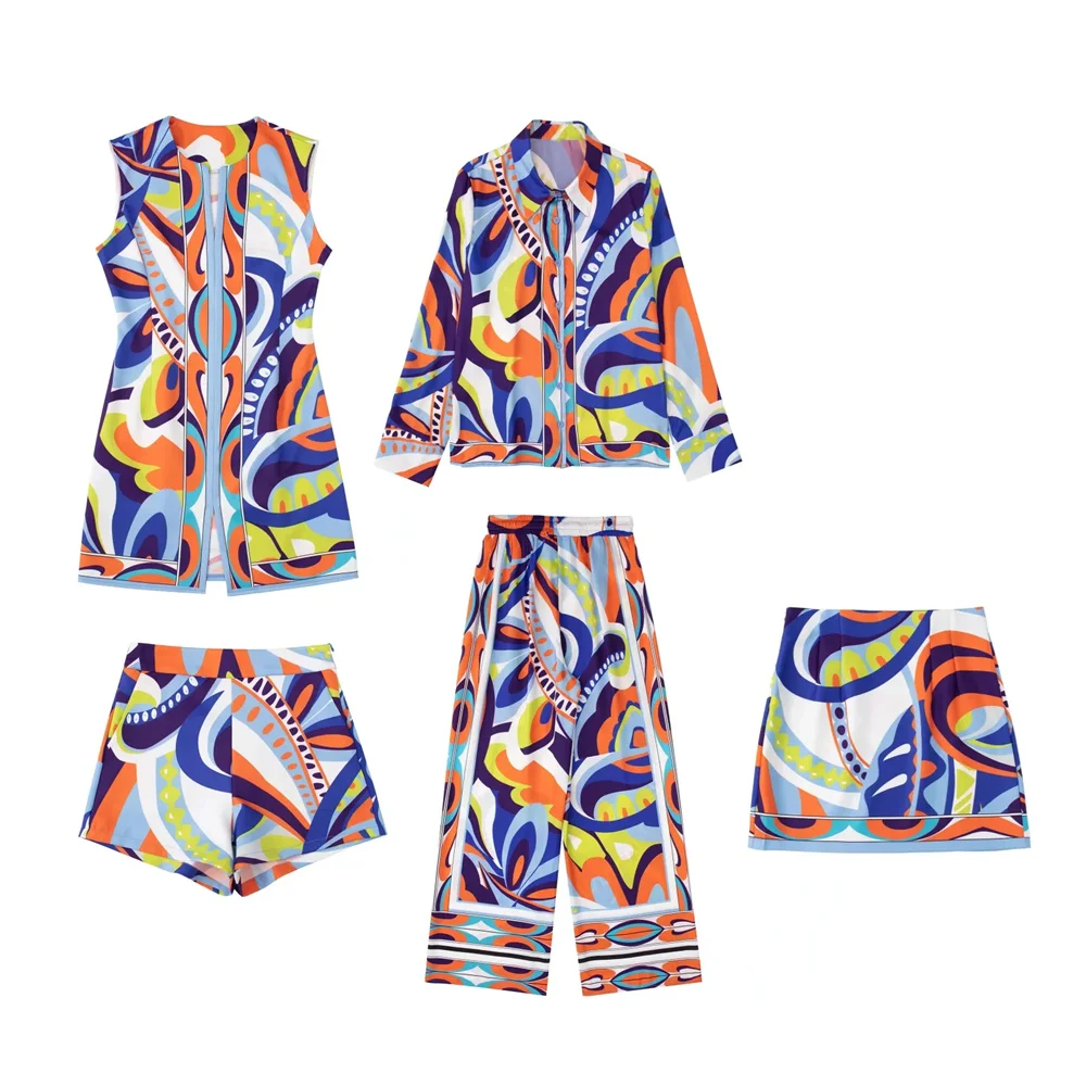 

PB&ZA 2022 Summer New Women's Clothing Retro Ethnic Print Shirt High Waist Trousers Skirt Short Suit Dress
