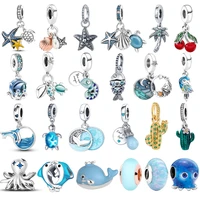 ocean charms 925 sterling silver seashell dolphin mermaid tail blue charms fit pandora original bracelet diy fashion jewelry