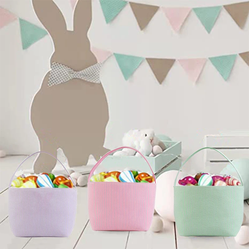 

Easter Egg Basket Seersucker Storage Buckets With Handle Stripe Bag Candy Toy Gift Tote Bags For Kids Easter Party Decor