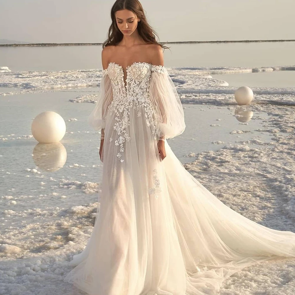 

Beach Wedding Dresses 2022 New Long Puff Sleeves Bridal Dress Appliques Floor Length Tulle Lace Sweep Train Vestido De Noiva