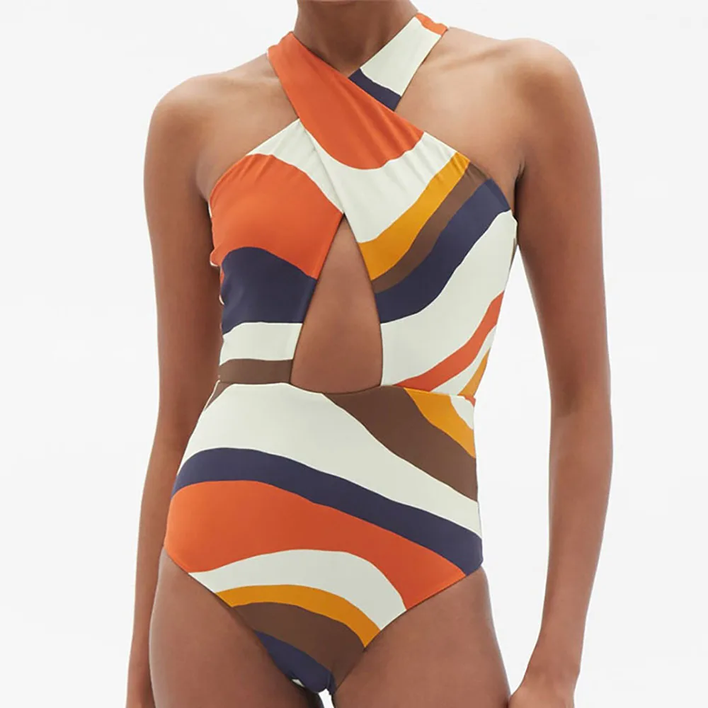 Fashion Colorblock Striped Print One Piece Swimsuit Set Cross Halter Bikini Slim Fit Sexy High Waist Beach Dress Elegant 2022