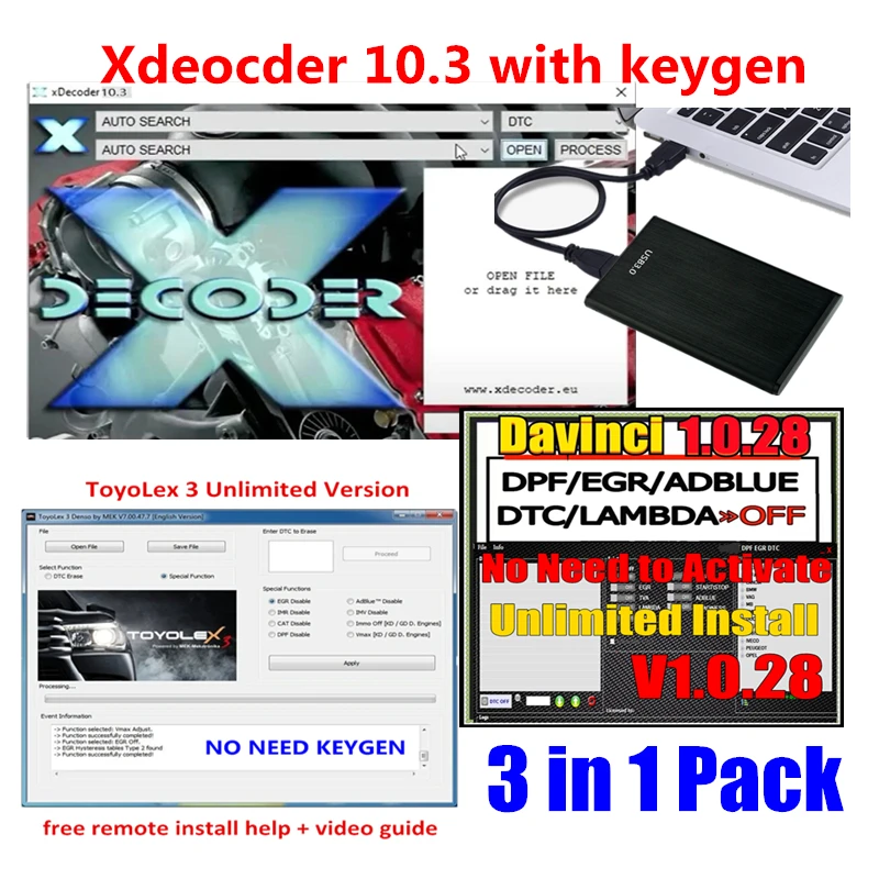 

3in1 software xDecoder 10.3 with Free Keygen+ Davinci 1.0.28 + Toyolex 3 Immo Off DPF EGR DTC Remover Unlimited for many laptops