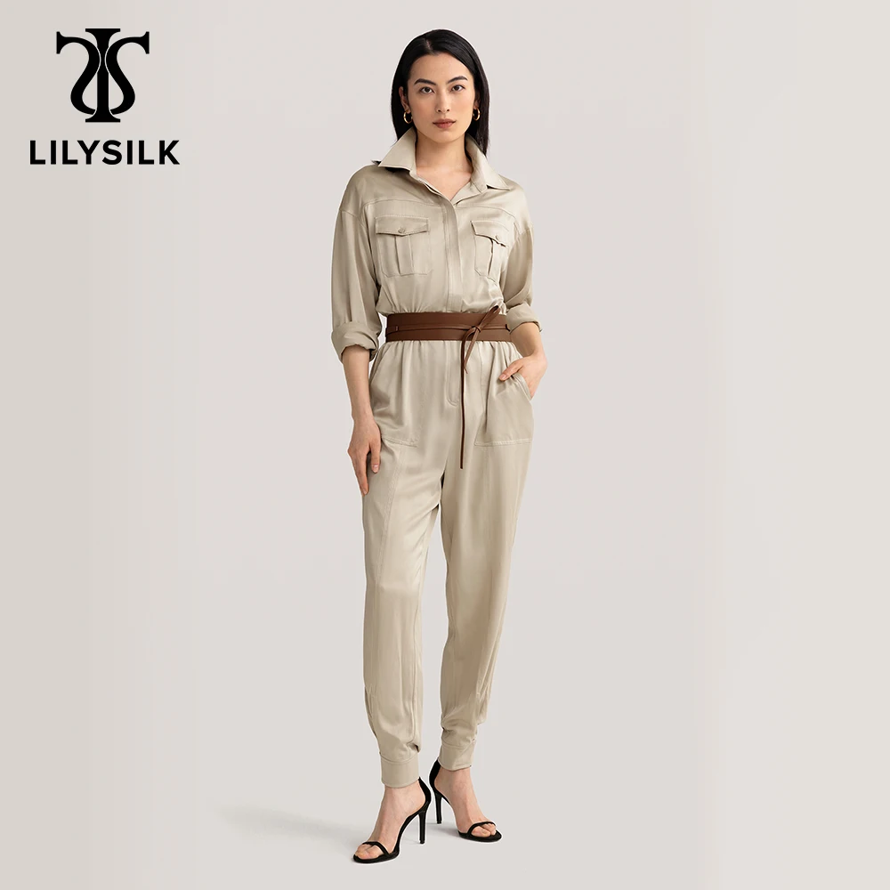 LILYSILK Women Silk Cargo Jumpsuits 2022 New Pocket Designed Elastics Waist Full Length Rompers Lady Y2k Bottoms Free Shipping