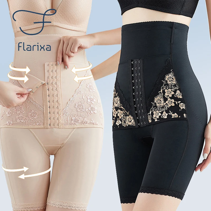 Flarixa XXXL Women High Waist Panties Embroidery Body Shaper Waist Trainer Butt lifter Slimming Underwear Tummy Boxer Shorts