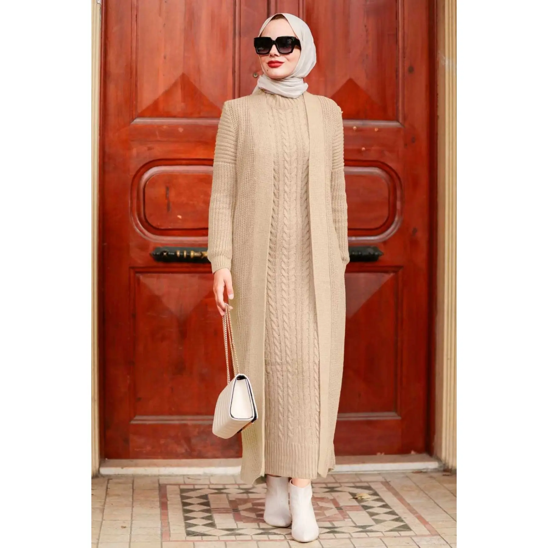 

Women's Two Piece Maxi Turtleneck Dress and Cardigan Set Heavy Knitwear Winter Set Wool-Cotton Fabric Muslim Fashion Islam 2022