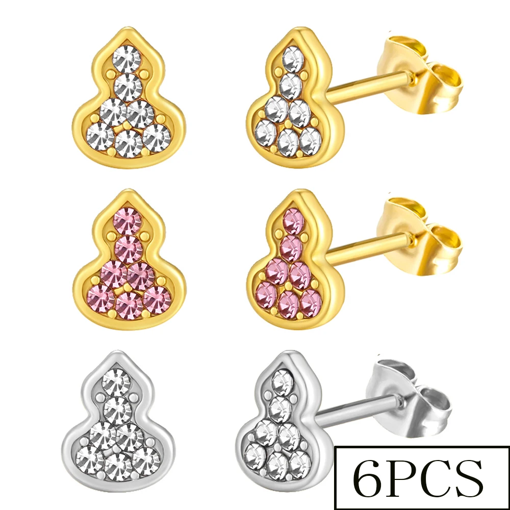 

3 Pair Stainless Steel With Diamonds Gourd Studs Earrings for Women Helix Cartilage Earlobe Earrings Piercing Jewelry Party Gift