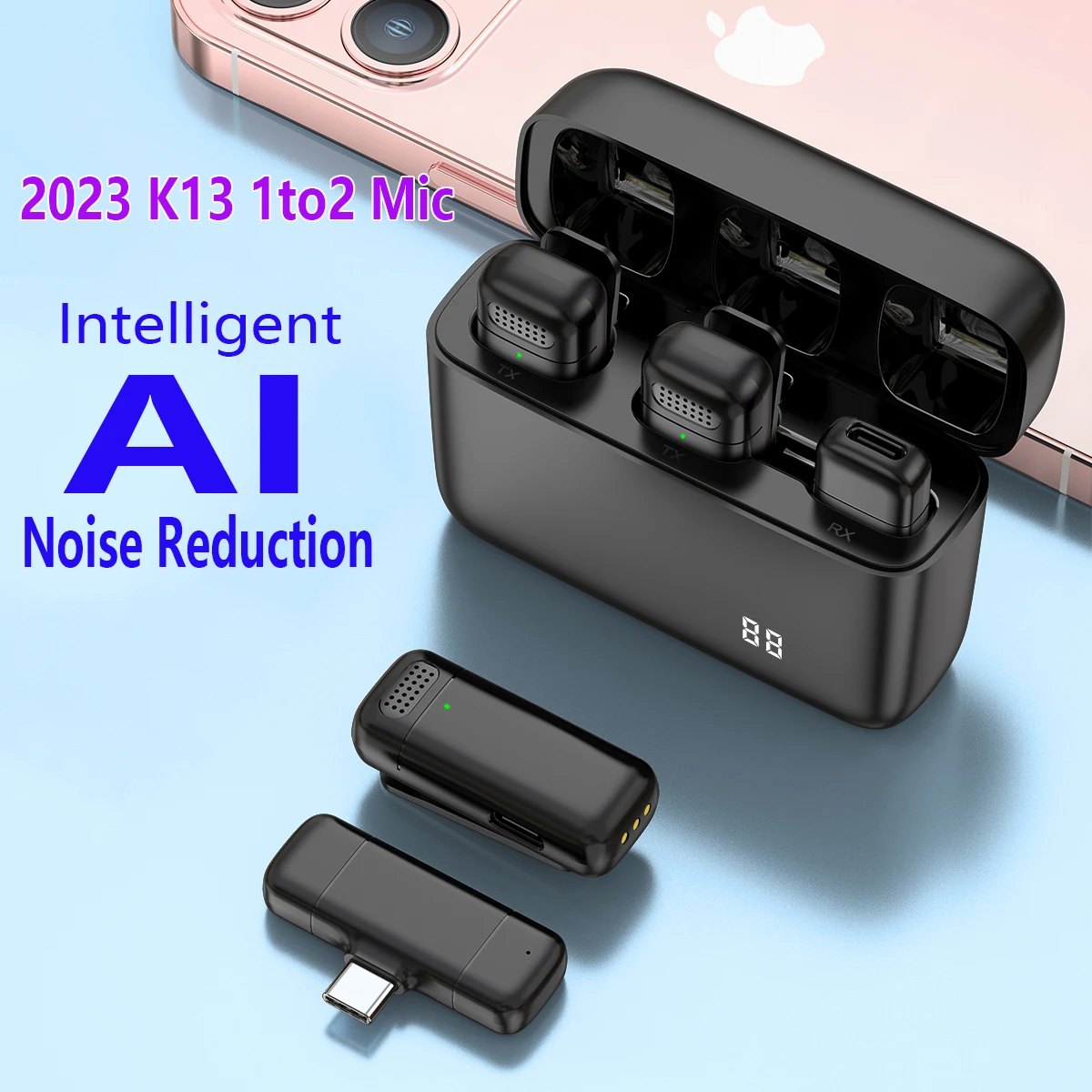 Беспроводной петличный микрофон, умный микрофон с шумоподавлением для телефона, ПК, YouTube, Vlog, Tiktok, запись видео в реальном времени