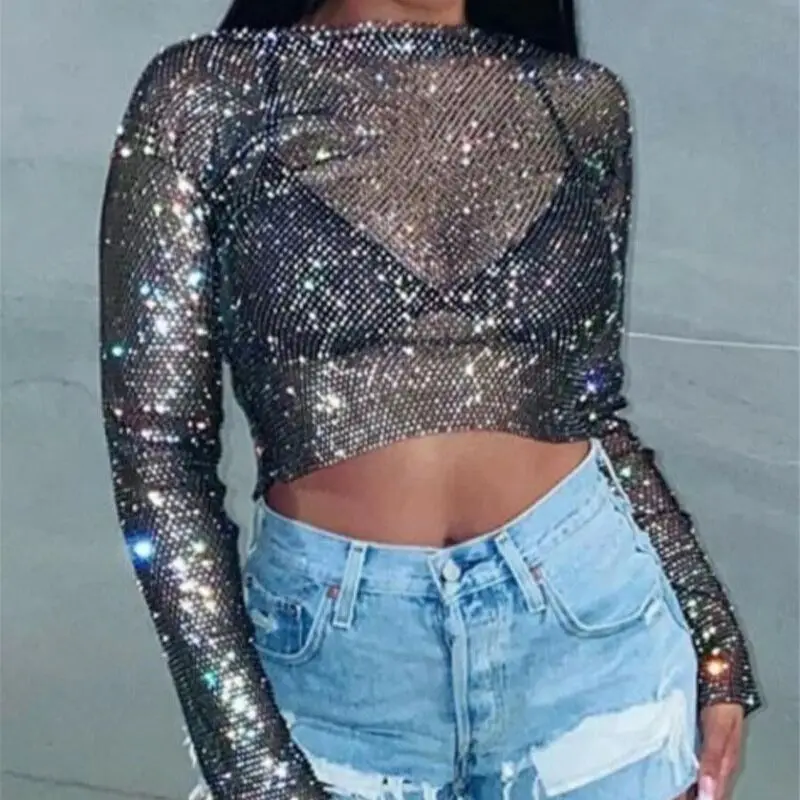 

Summer Nightclub Flash Diamond Sling Women's Crystal Glitter Rhinestone Top Cropped Shiny Diamonds Long-Sleeve T-Shirts Tops