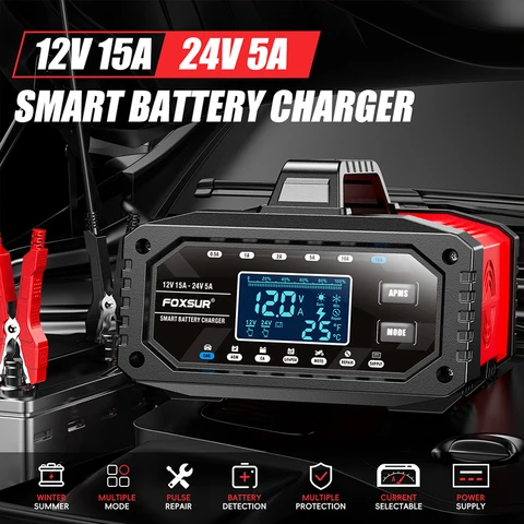 15A 12V 24V Автомобильный усилитель ЖК-дисплей Smart Charger Moto Зарядное устройство для свинцово-кислотных аккумуляторов LiFePO4 AGM