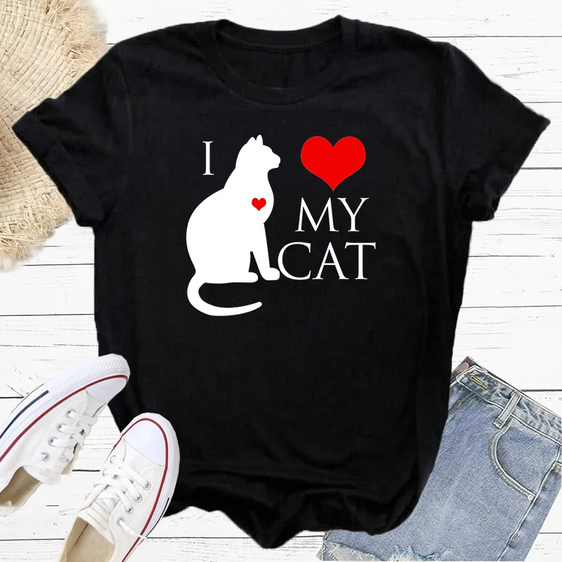 Женская футболка с круглым вырезом коротким рукавом и принтом I Love My Cat