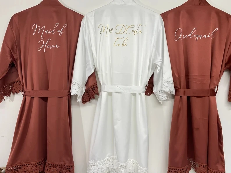 

Kimono Burnt Orange Bridal Robes Bridal Party Wedding Dressing Gown Satin Lace Summer Short Robes Hen Weekends Kimono Women Gown