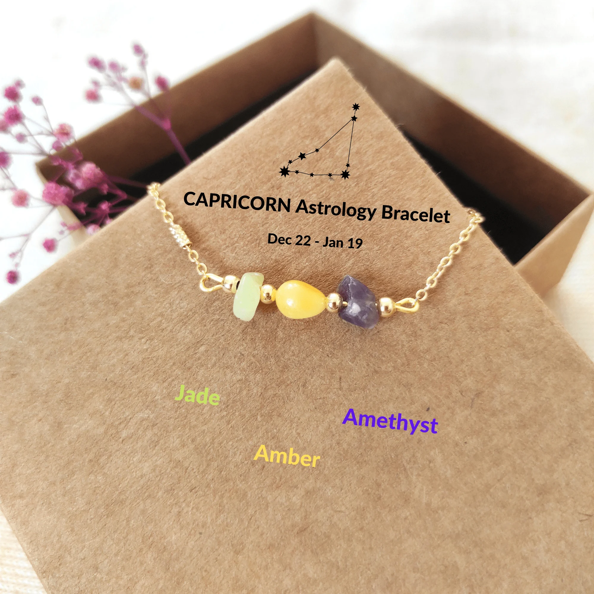 

LightCrop дизайн Козерог Регулируемый натуральный камень золотой браслет цепочка Шарм Модный драгоценный камень