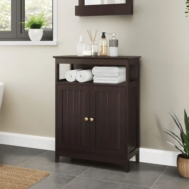 3 Tiers Wooden Storage Cabinet With Adjustable Shelf, Bathroom Cabinets, Espresso (US Stock)