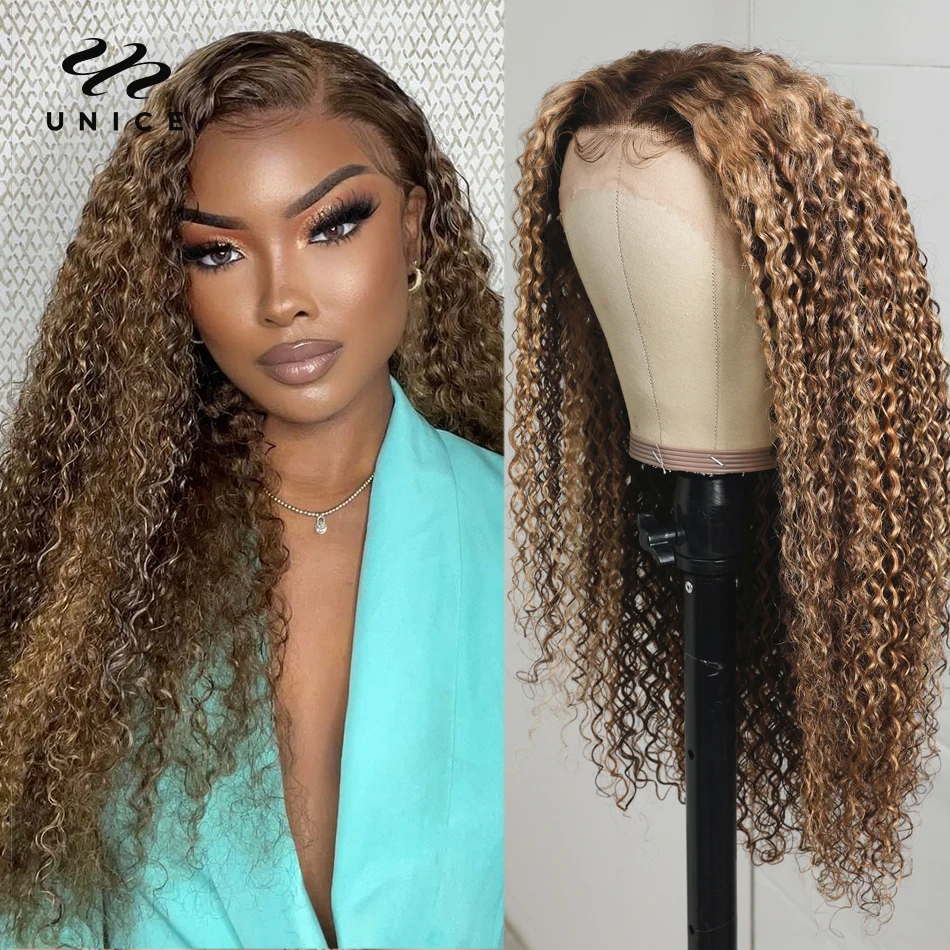 

Unice Hair 13x5x1 Honey Blonde Highlight Wig Brazilian Curly Human Hair Wig Pre plucked T Part Lace Wig Human Hair